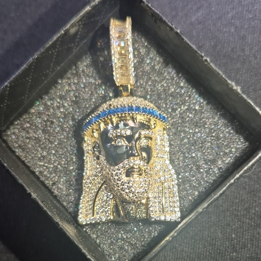 Gold and Blue Religious Iconography Pendant